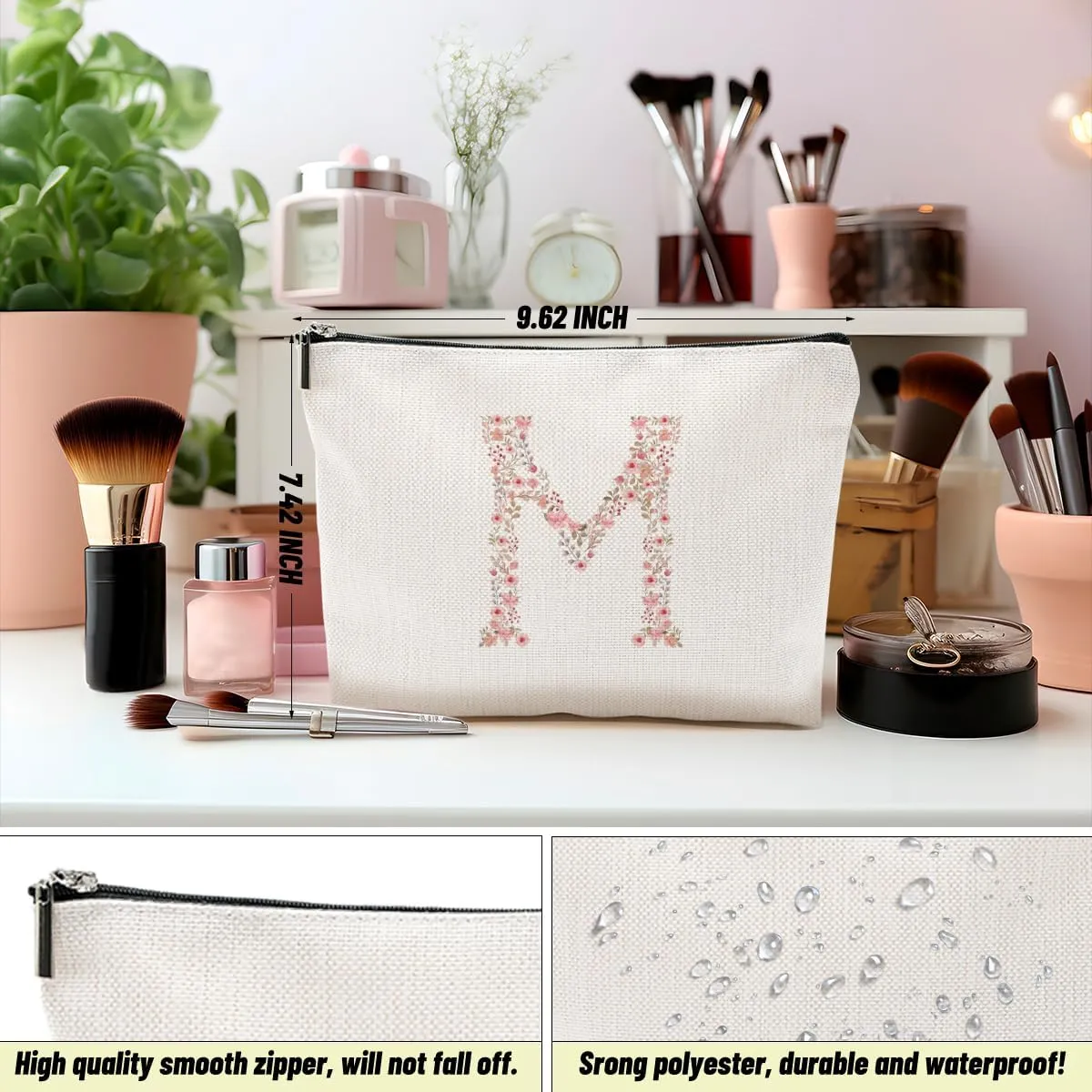 Initial Makeup Bag Floral M Personalized Cosmetic Bag Monogrammed Gifts for Women Girls Mom Bridesmaid Monogram Zipper Pouch for Teacher Appreciation Mothers Day Birthday Wedding Bridal Shower Gifts