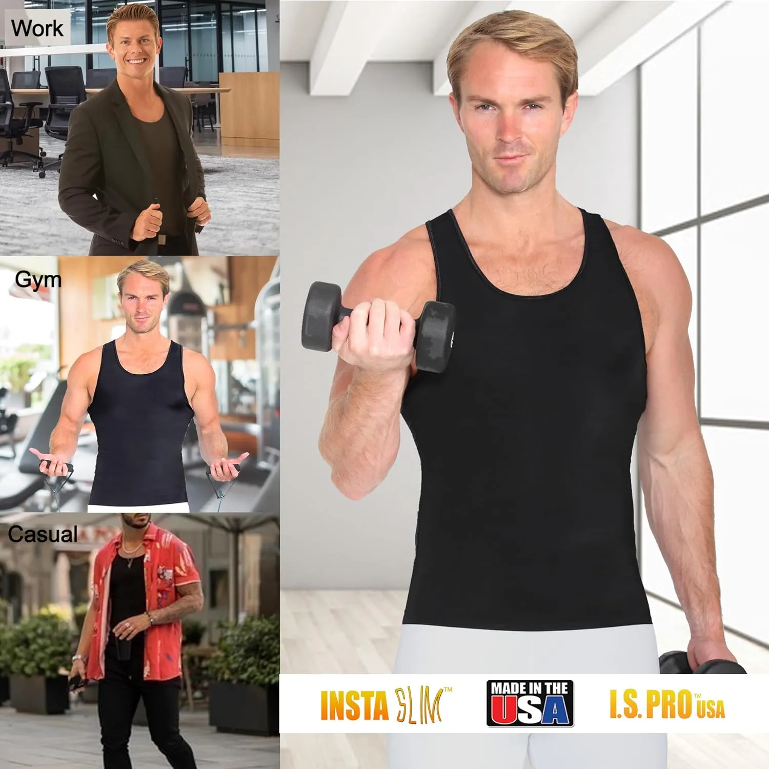 Insta Slim -Made in USA- Compression Tank-Top Shapewear for Men. Tummy Control Slimming Body-Shaper for Belly & Back Support