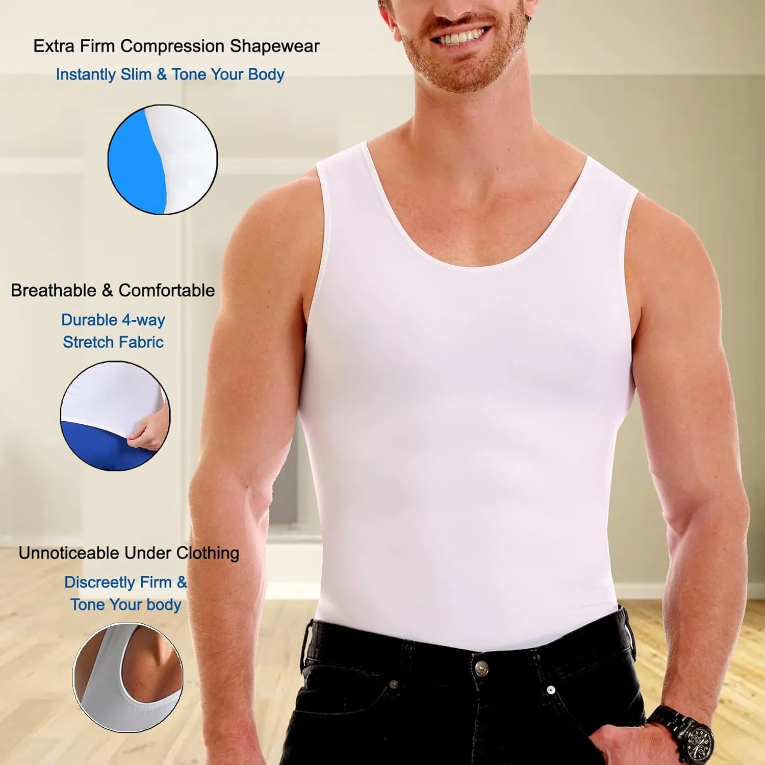 Insta Slim -Made in USA- Compression Tank-Top Shapewear for Men. Tummy Control Slimming Body-Shaper for Belly & Back Support