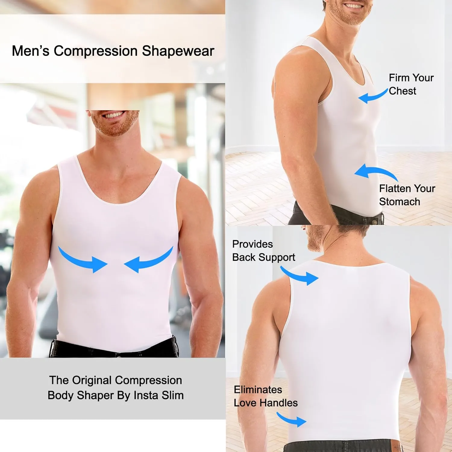 Insta Slim -Made in USA- Compression Tank-Top Shapewear for Men. Tummy Control Slimming Body-Shaper for Belly & Back Support