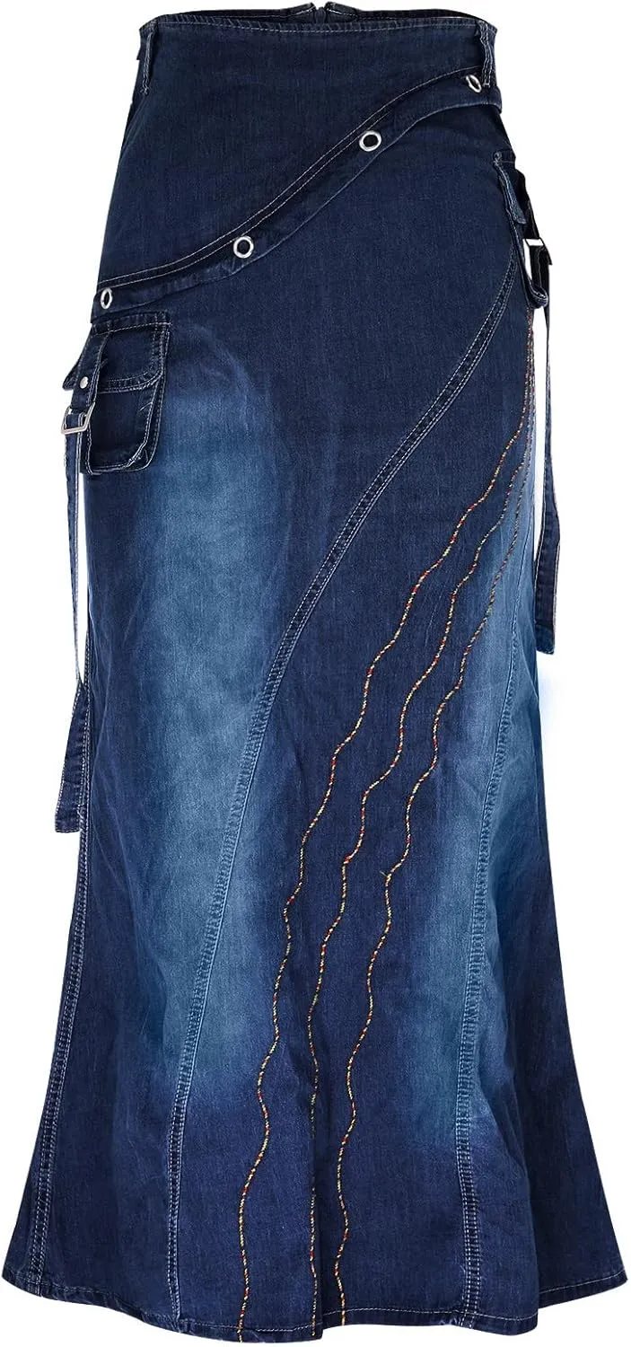 iQKA Denim Skirt Dress for Women Vestidos High Waisted A-Line Maxi Long Pencil Jean Skirt with Pockets S-3XL