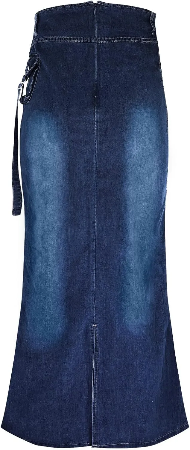 iQKA Denim Skirt Dress for Women Vestidos High Waisted A-Line Maxi Long Pencil Jean Skirt with Pockets S-3XL
