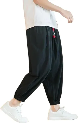 Japanese Cotton Linen Pants Men's Drawstring Harem Pants Solid Color Thin Section Loose Wide-Leg Harem Trousers