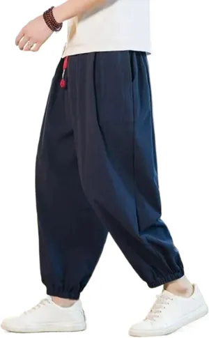 Japanese Cotton Linen Pants Men's Drawstring Harem Pants Solid Color Thin Section Loose Wide-Leg Harem Trousers