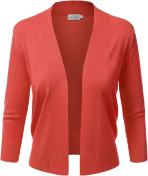 JJ Perfection Casual Crop Open Front Knit Cardigan 3/4 Sleeve Cropped Cardigan Basic Sweater Jacket for Womens with Plus Size