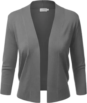 JJ Perfection Casual Crop Open Front Knit Cardigan 3/4 Sleeve Cropped Cardigan Basic Sweater Jacket for Womens with Plus Size