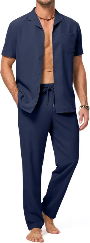 JMIERR Men 2 Piece Beach Vacation Outfit Pants Set Summer Cool Short Sleeve Casual Shirts