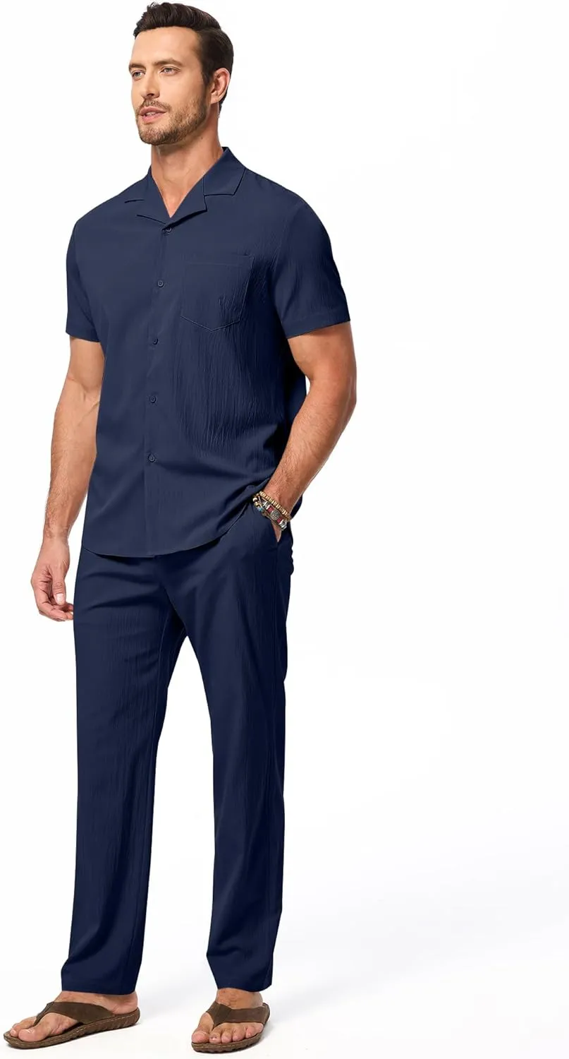 JMIERR Men 2 Piece Beach Vacation Outfit Pants Set Summer Cool Short Sleeve Casual Shirts