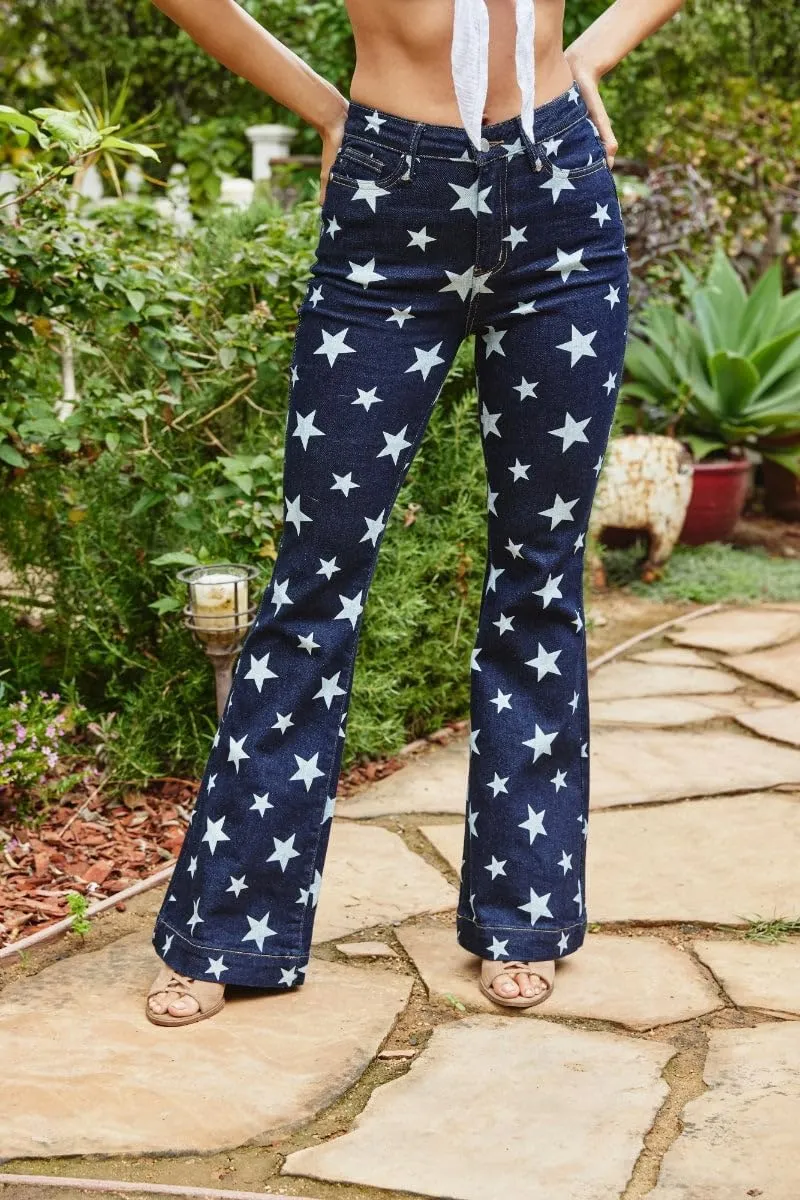 Judy Blue Women's High Waist Star Print Flare Jeans - Stretchy Denim with Vintage Vibe -88662