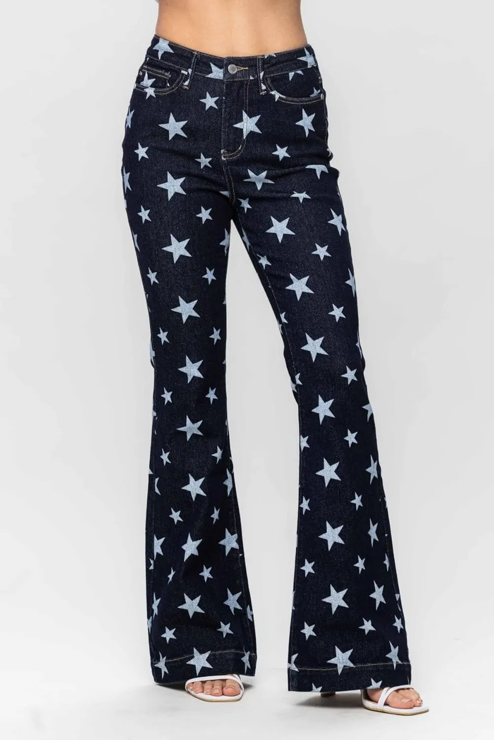 Judy Blue Women's High Waist Star Print Flare Jeans - Stretchy Denim with Vintage Vibe -88662