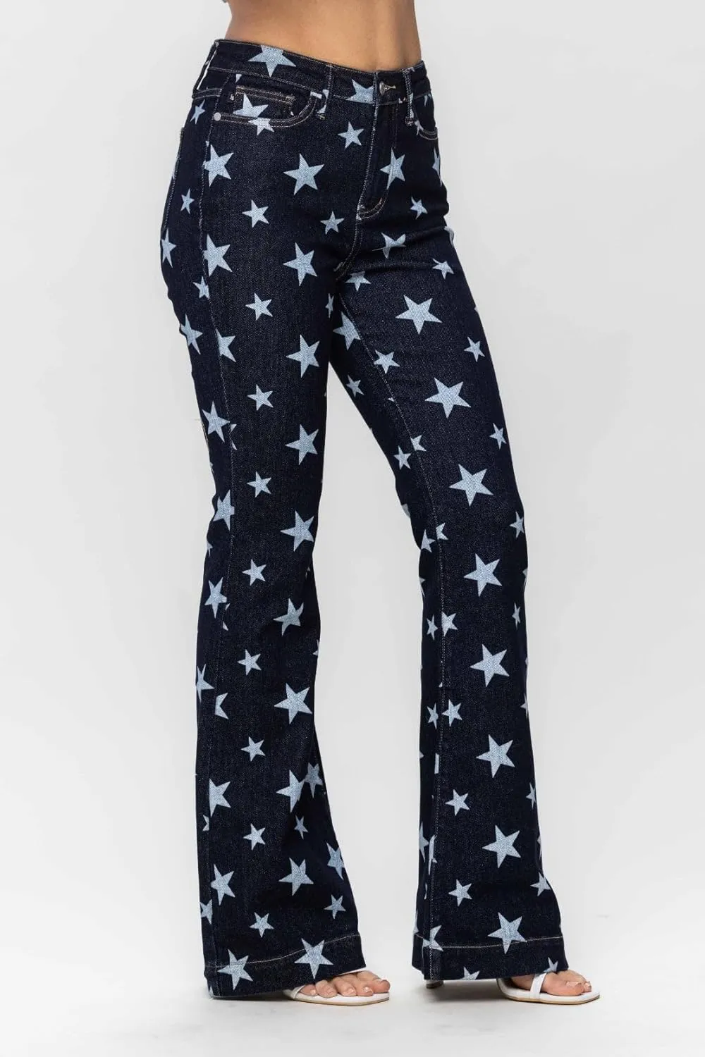 Judy Blue Women's High Waist Star Print Flare Jeans - Stretchy Denim with Vintage Vibe -88662