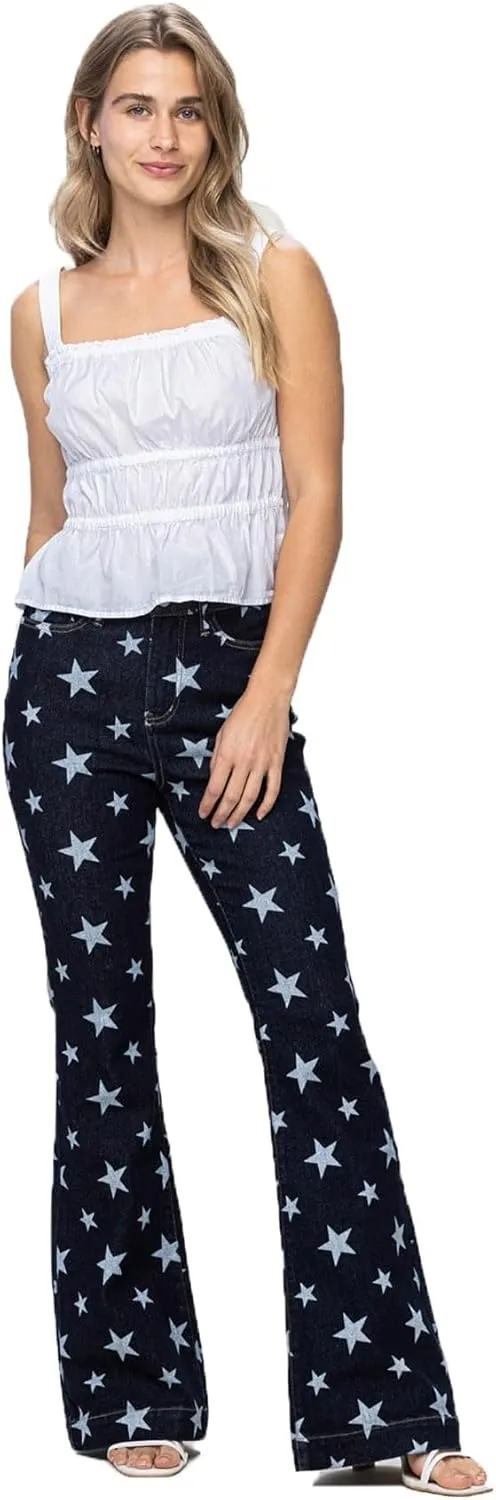 Judy Blue Women's High Waist Star Print Flare Jeans - Stretchy Denim with Vintage Vibe -88662