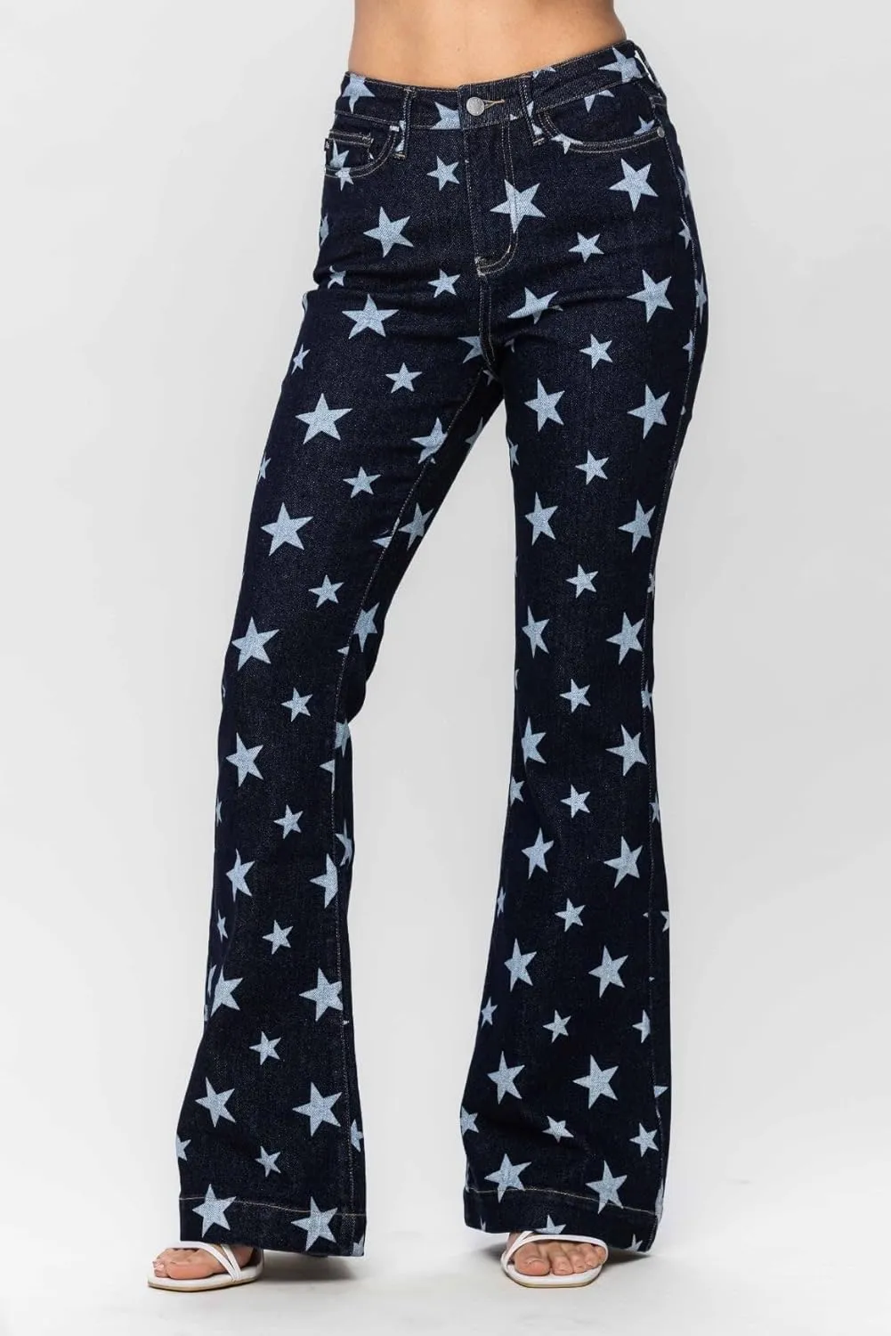 Judy Blue Women's High Waist Star Print Flare Jeans - Stretchy Denim with Vintage Vibe -88662