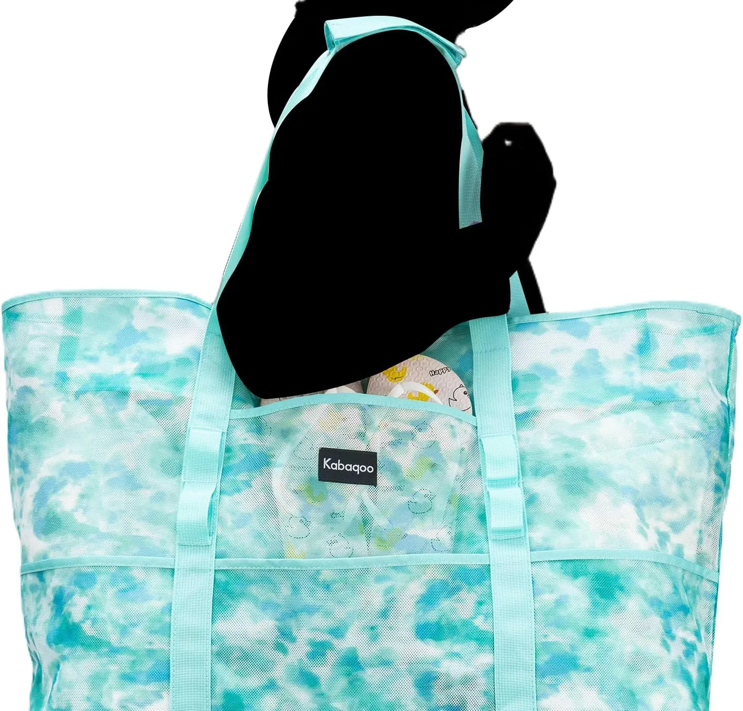 KABAQOO Mesh Beach Bag, Extra Large Beach Bags with 9 Pockets & Zipper Waterproof Lightweight Beach Tote for Beach/Pool Trip
