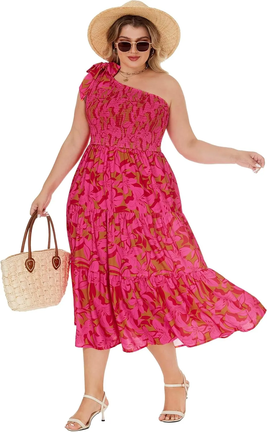 KIMCURVY Women Plus Size Summer Dress Boho Spring Floral Print Wedding Guest Smocked Long Dress with Pockets