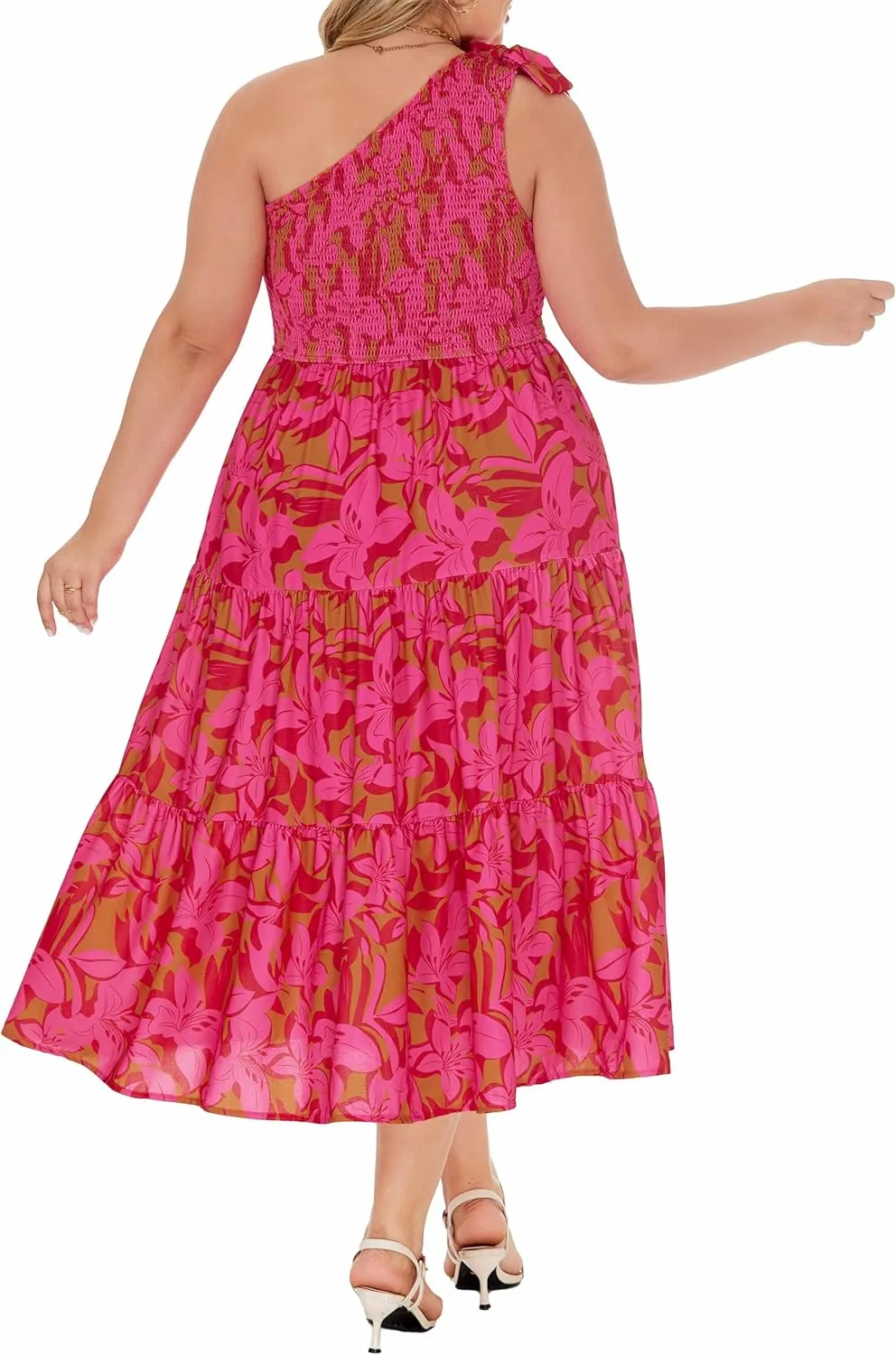 KIMCURVY Women Plus Size Summer Dress Boho Spring Floral Print Wedding Guest Smocked Long Dress with Pockets