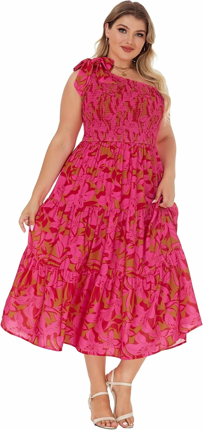 KIMCURVY Women Plus Size Summer Dress Boho Spring Floral Print Wedding Guest Smocked Long Dress with Pockets