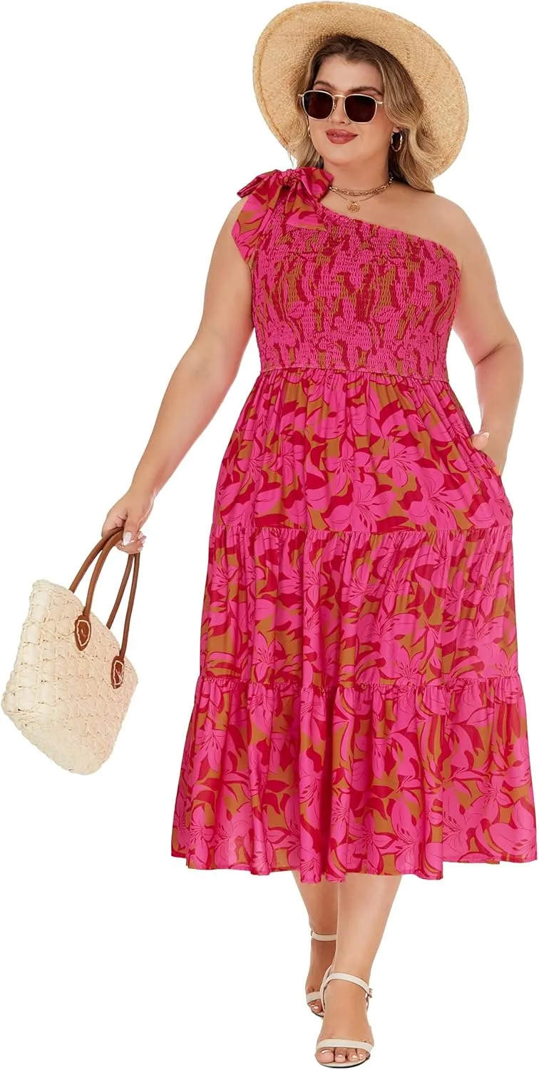 KIMCURVY Women Plus Size Summer Dress Boho Spring Floral Print Wedding Guest Smocked Long Dress with Pockets