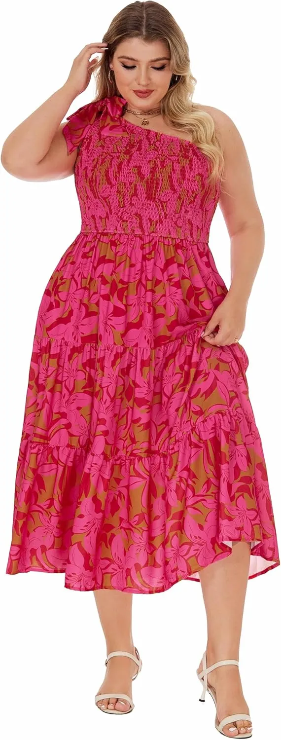 KIMCURVY Women Plus Size Summer Dress Boho Spring Floral Print Wedding Guest Smocked Long Dress with Pockets