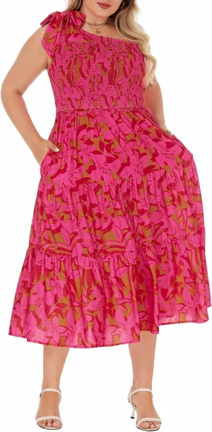 KIMCURVY Women Plus Size Summer Dress Boho Spring Floral Print Wedding Guest Smocked Long Dress with Pockets