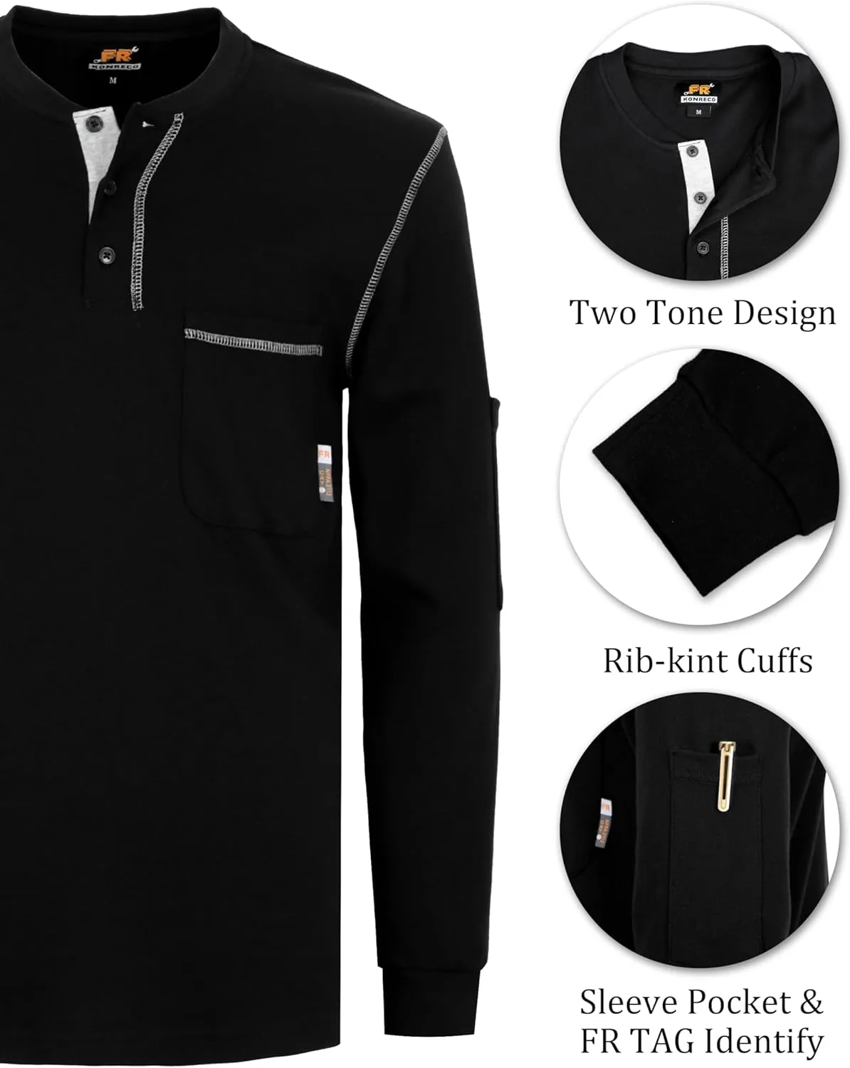 KONRECO FR Shirts for Men Long Sleeve Henley 7oz 100% Cotton FRC Clothing Welding Shirt