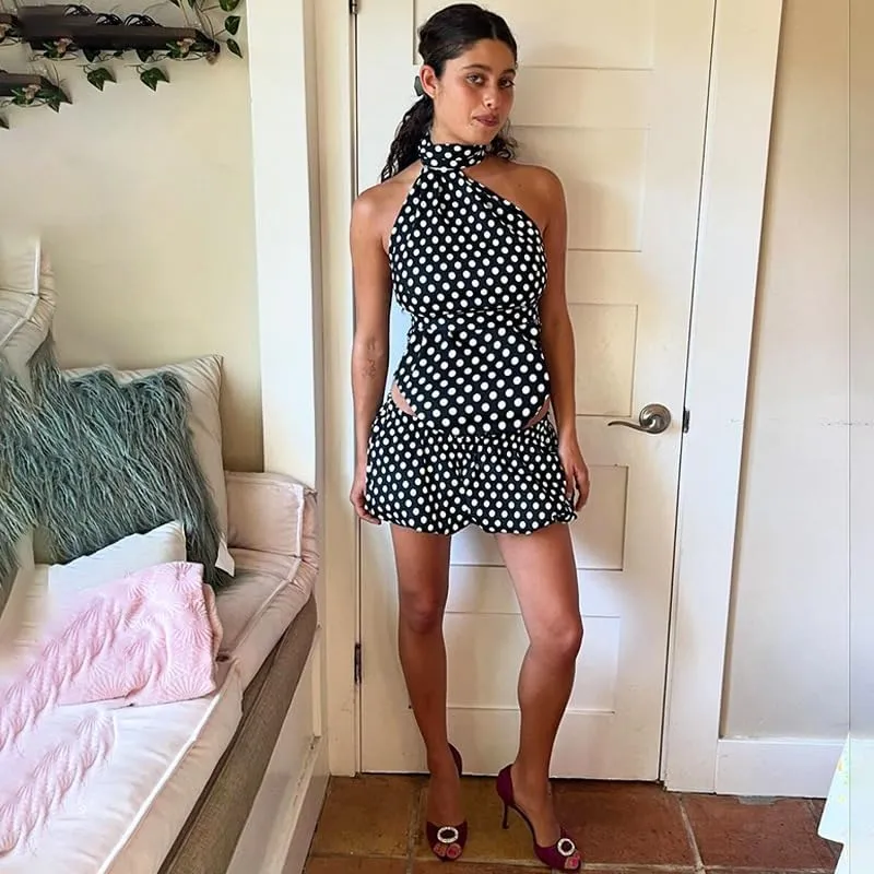ksotutm Summer Outfits for Women Sexy Neck Hanging Tops Low Waist Slim Maxi Skirt Polka Dot 2 Piece Sets for Going Out