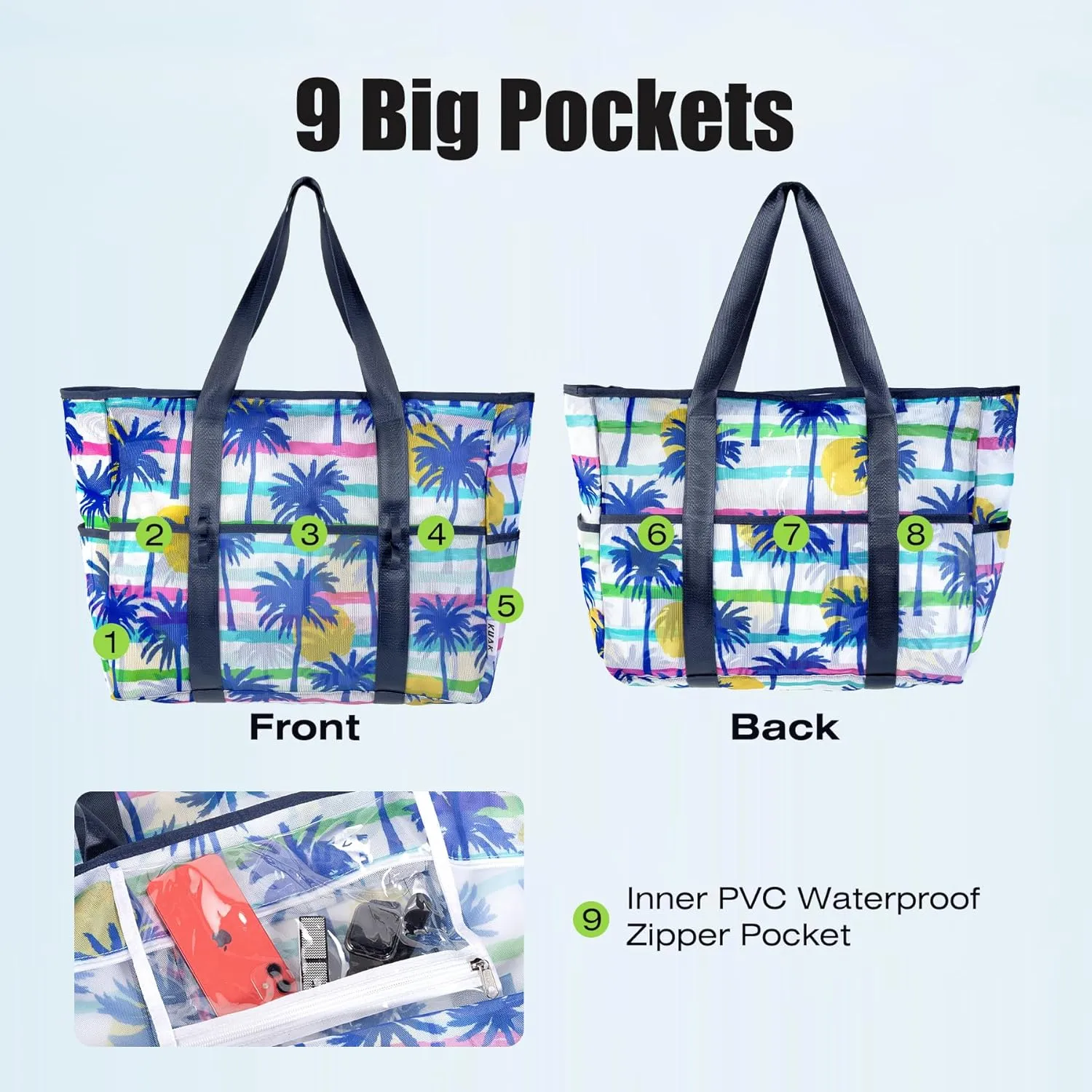 KUAK Mesh Beach Bag, Extra Large Waterproof Sandproof Tote with 9 Pockets, Zippered Top, Lightweight for Travel, Pool, Family