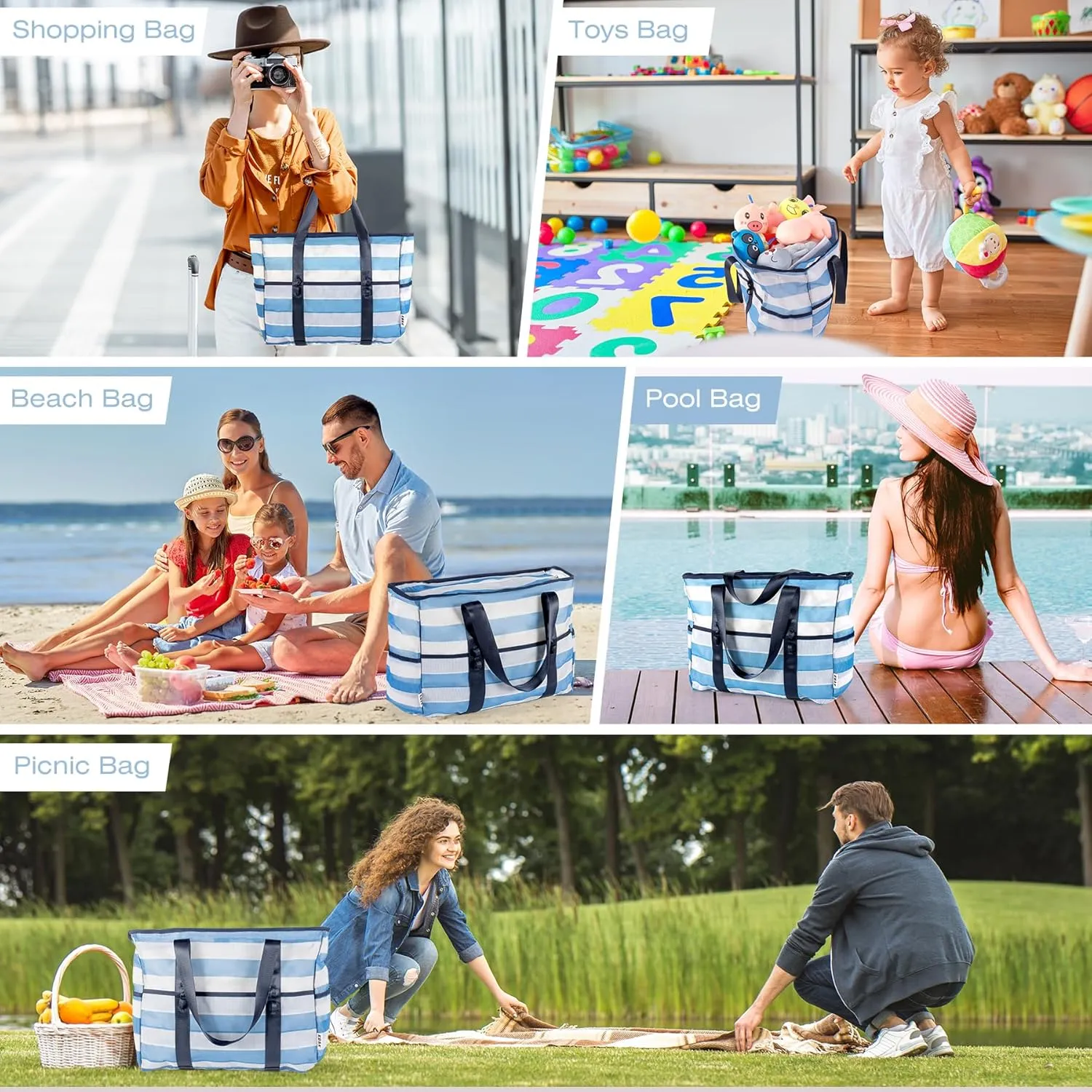 KUAK Mesh Beach Bag, Extra Large Waterproof Sandproof Tote with 9 Pockets, Zippered Top, Lightweight for Travel, Pool, Family