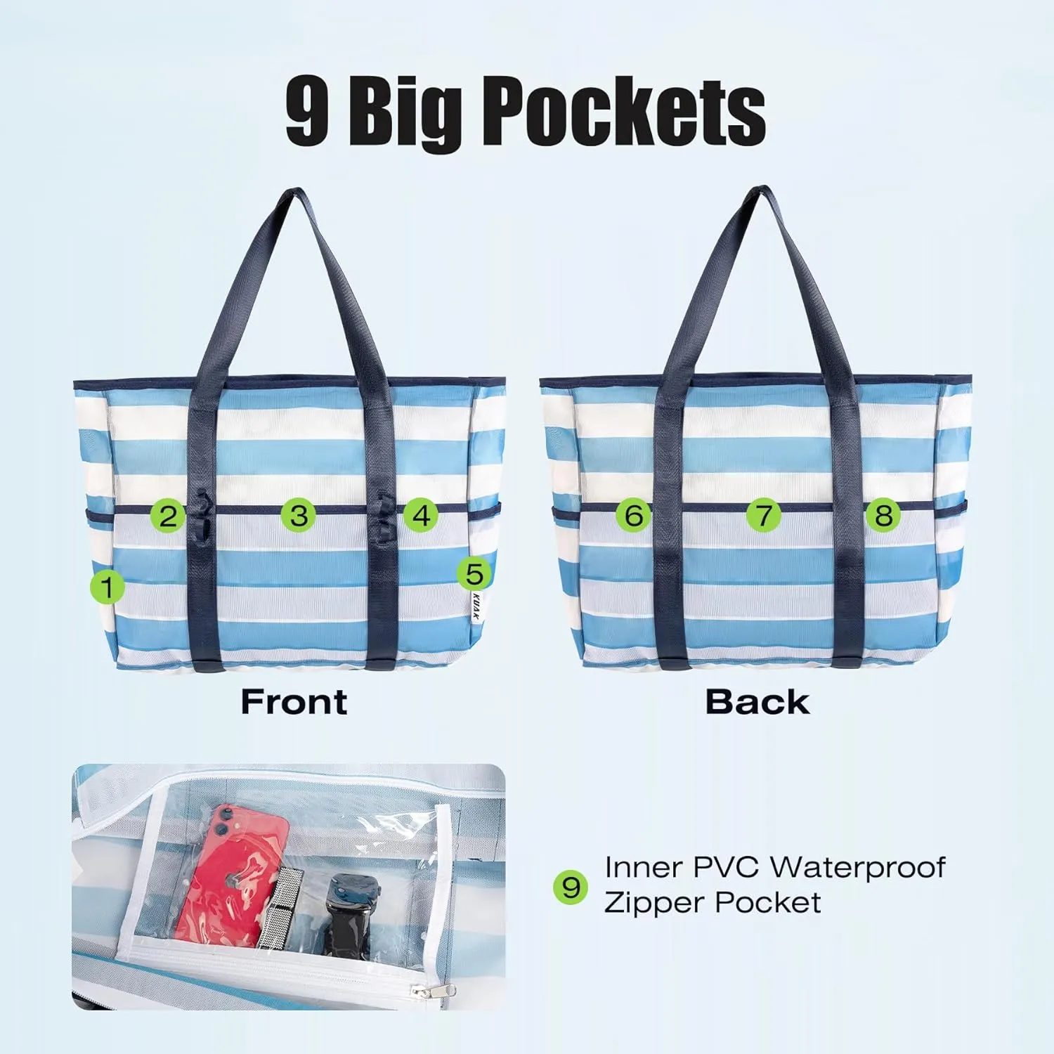 KUAK Mesh Beach Bag, Extra Large Waterproof Sandproof Tote with 9 Pockets, Zippered Top, Lightweight for Travel, Pool, Family