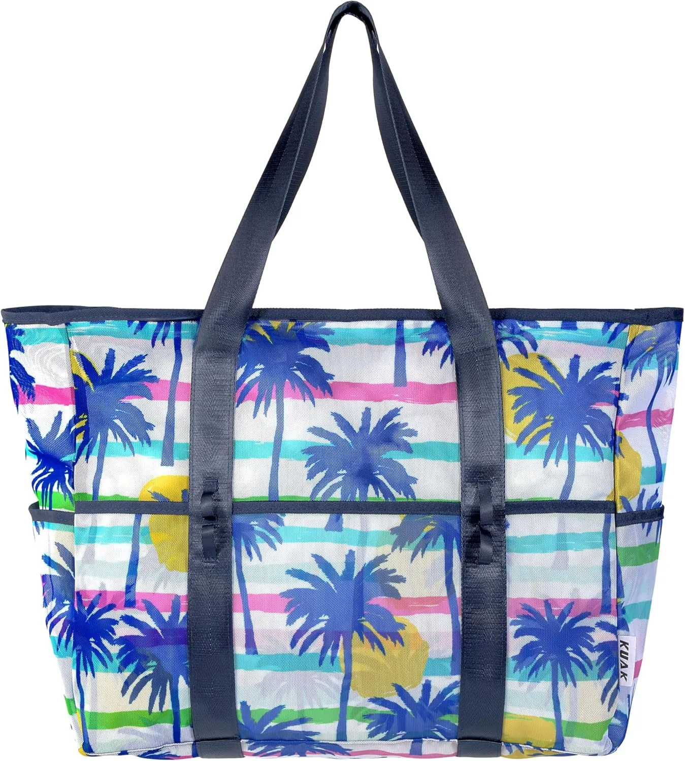 KUAK Mesh Beach Bag, Extra Large Waterproof Sandproof Tote with 9 Pockets, Zippered Top, Lightweight for Travel, Pool, Family