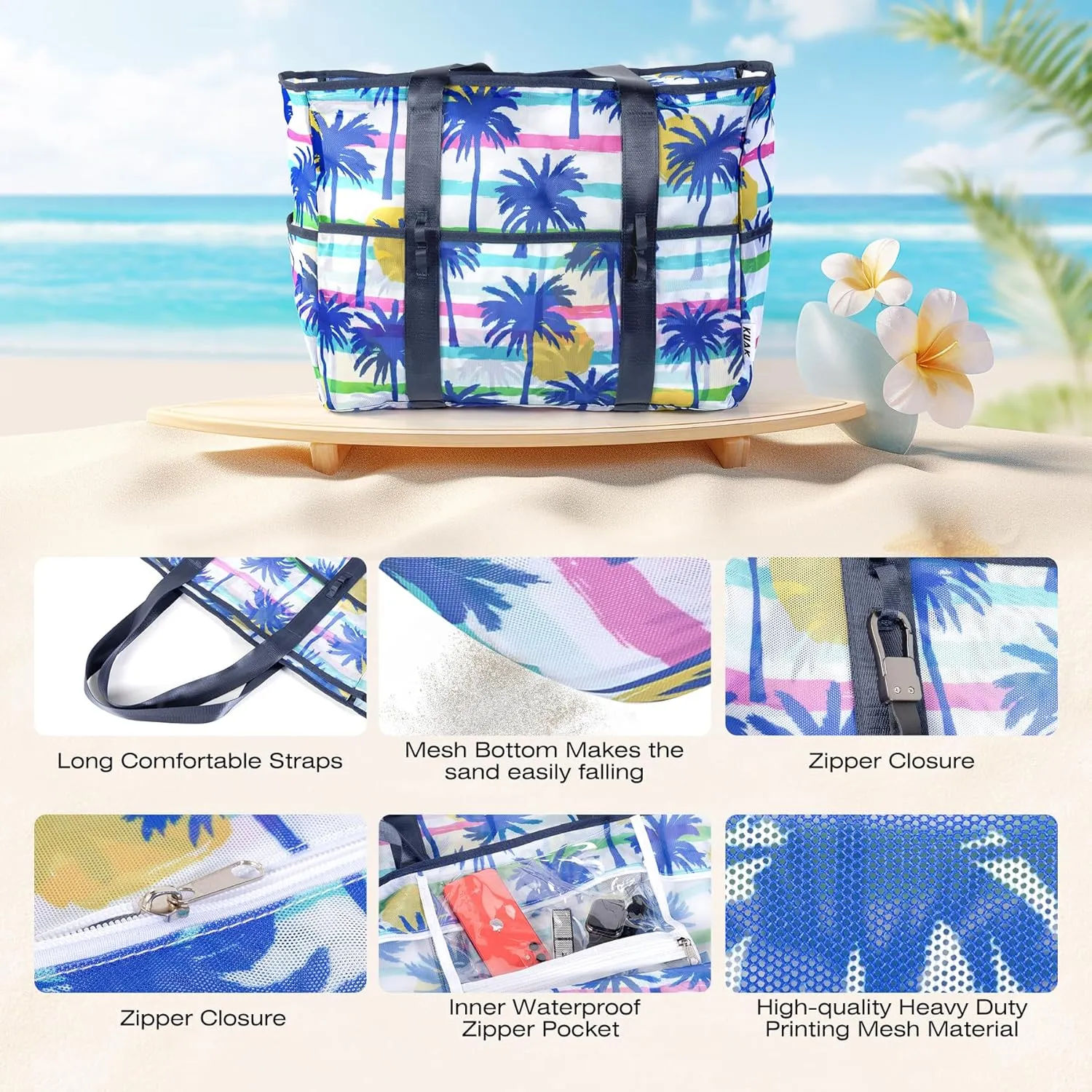 KUAK Mesh Beach Bag, Extra Large Waterproof Sandproof Tote with 9 Pockets, Zippered Top, Lightweight for Travel, Pool, Family