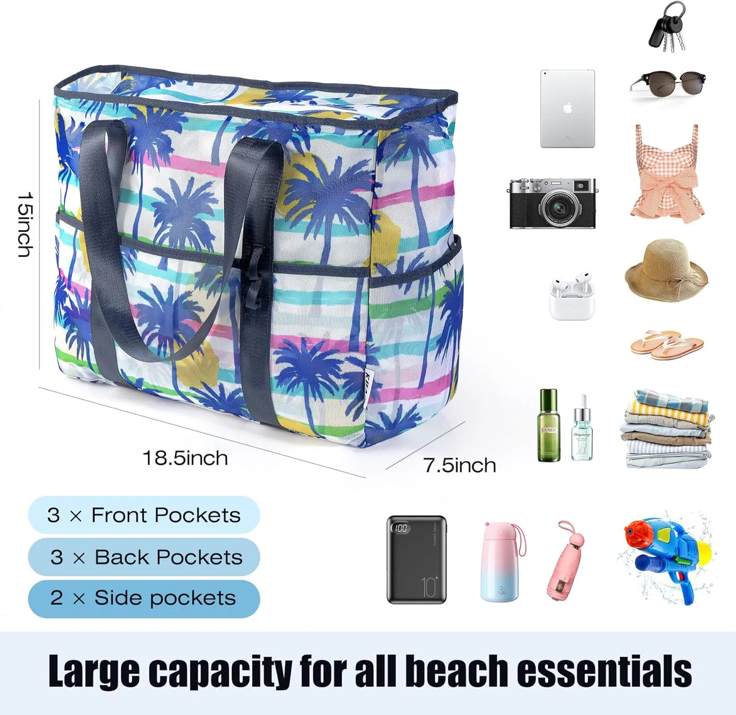 KUAK Mesh Beach Bag, Extra Large Waterproof Sandproof Tote with 9 Pockets, Zippered Top, Lightweight for Travel, Pool, Family