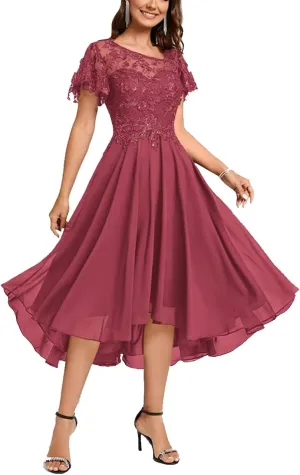 Lace Mother Bride Dresses Tea Length Chiffon Formal Dress Asymmetrical Cocktail Party Gowns with Ruffle Short Sleeve RO64