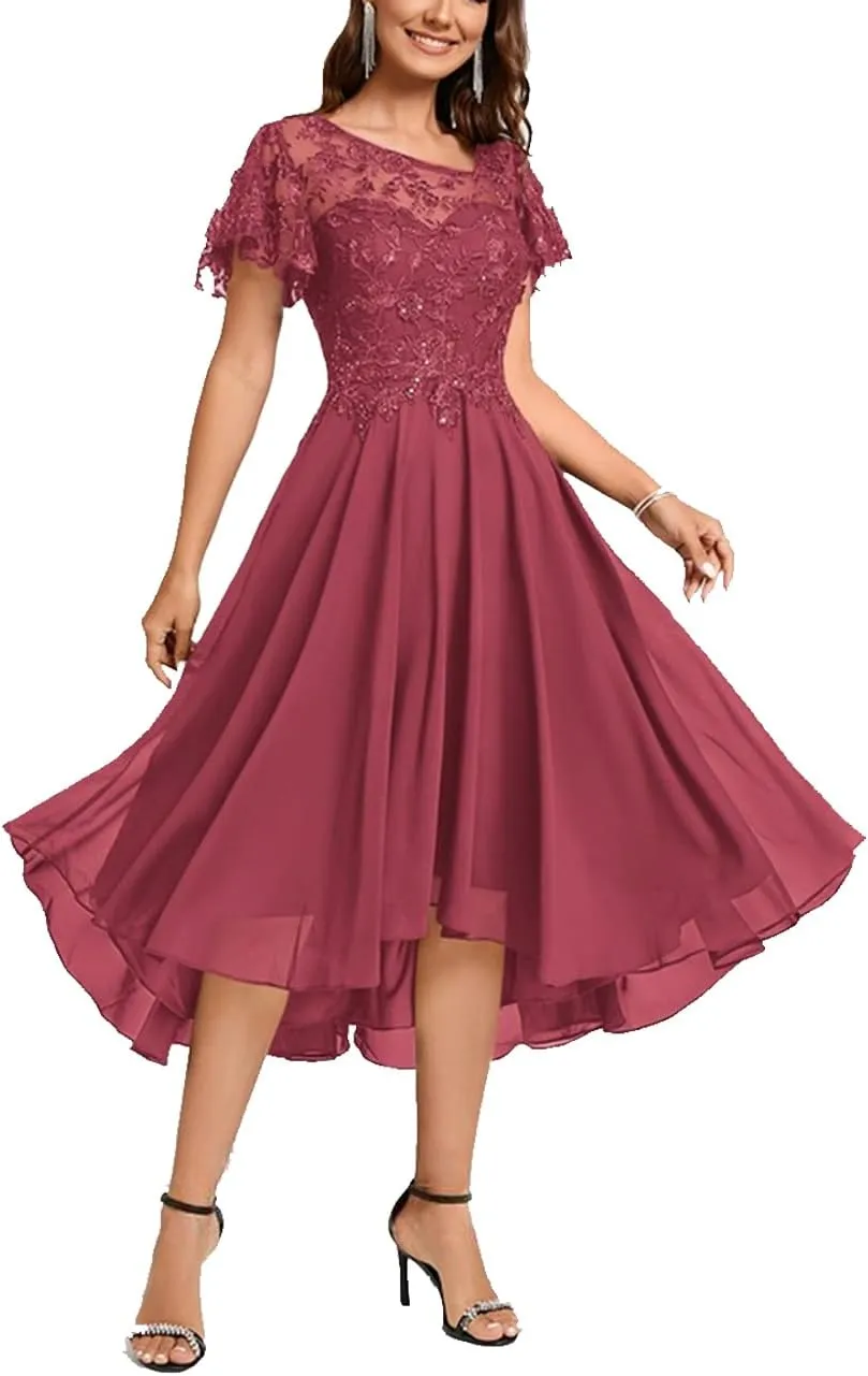 Lace Mother Bride Dresses Tea Length Chiffon Formal Dress Asymmetrical Cocktail Party Gowns with Ruffle Short Sleeve RO64