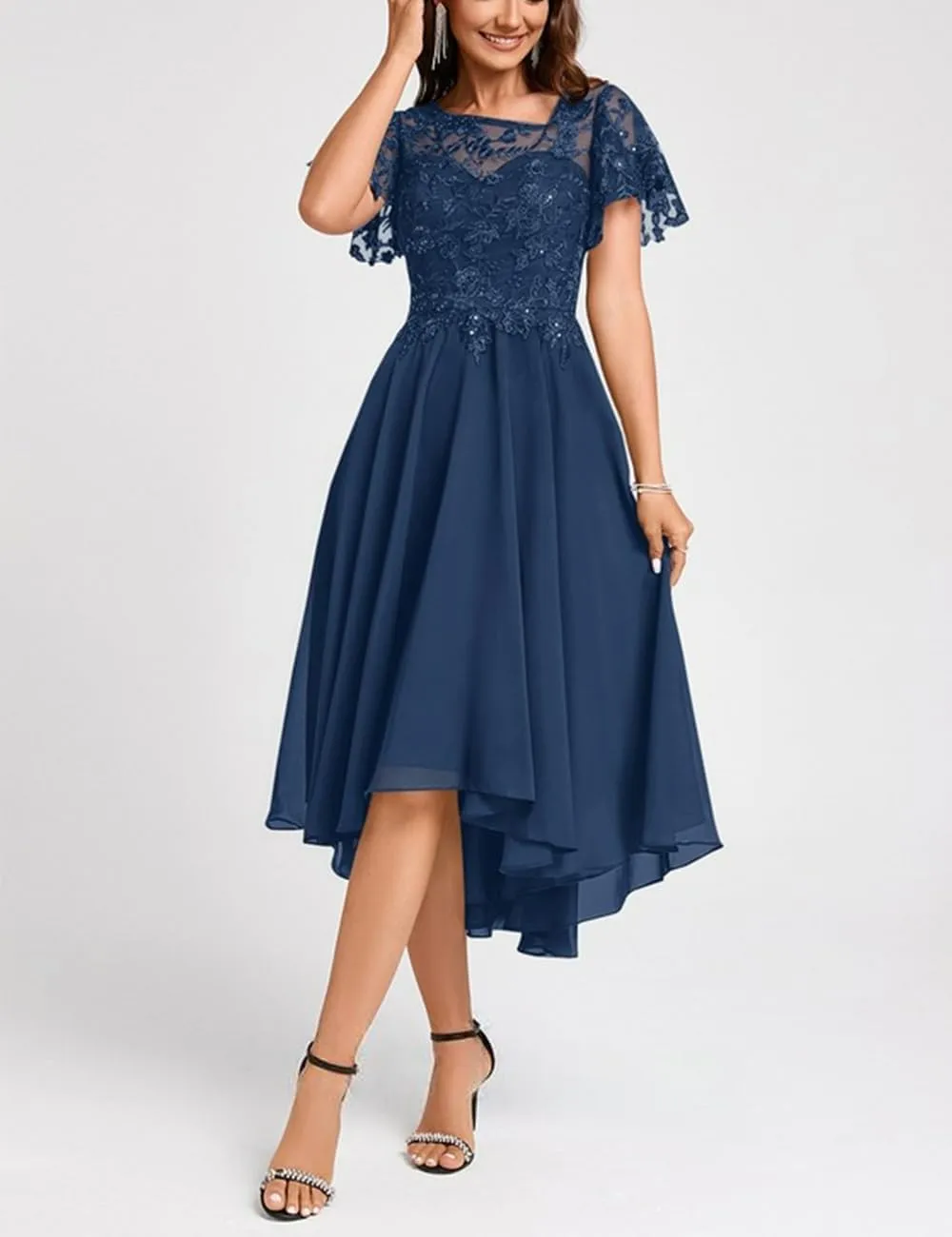 Lace Mother Bride Dresses Tea Length Chiffon Formal Dress Asymmetrical Cocktail Party Gowns with Ruffle Short Sleeve RO64
