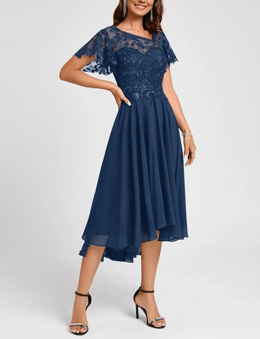 Lace Mother Bride Dresses Tea Length Chiffon Formal Dress Asymmetrical Cocktail Party Gowns with Ruffle Short Sleeve RO64