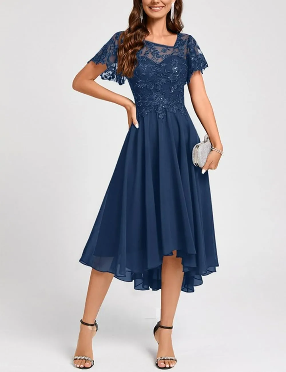 Lace Mother Bride Dresses Tea Length Chiffon Formal Dress Asymmetrical Cocktail Party Gowns with Ruffle Short Sleeve RO64
