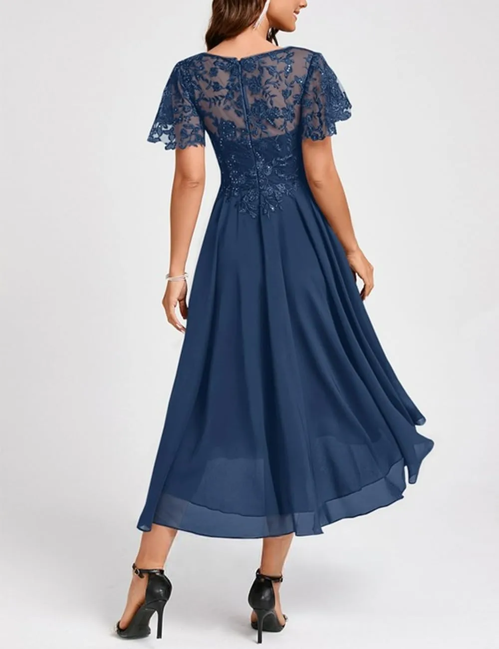 Lace Mother Bride Dresses Tea Length Chiffon Formal Dress Asymmetrical Cocktail Party Gowns with Ruffle Short Sleeve RO64