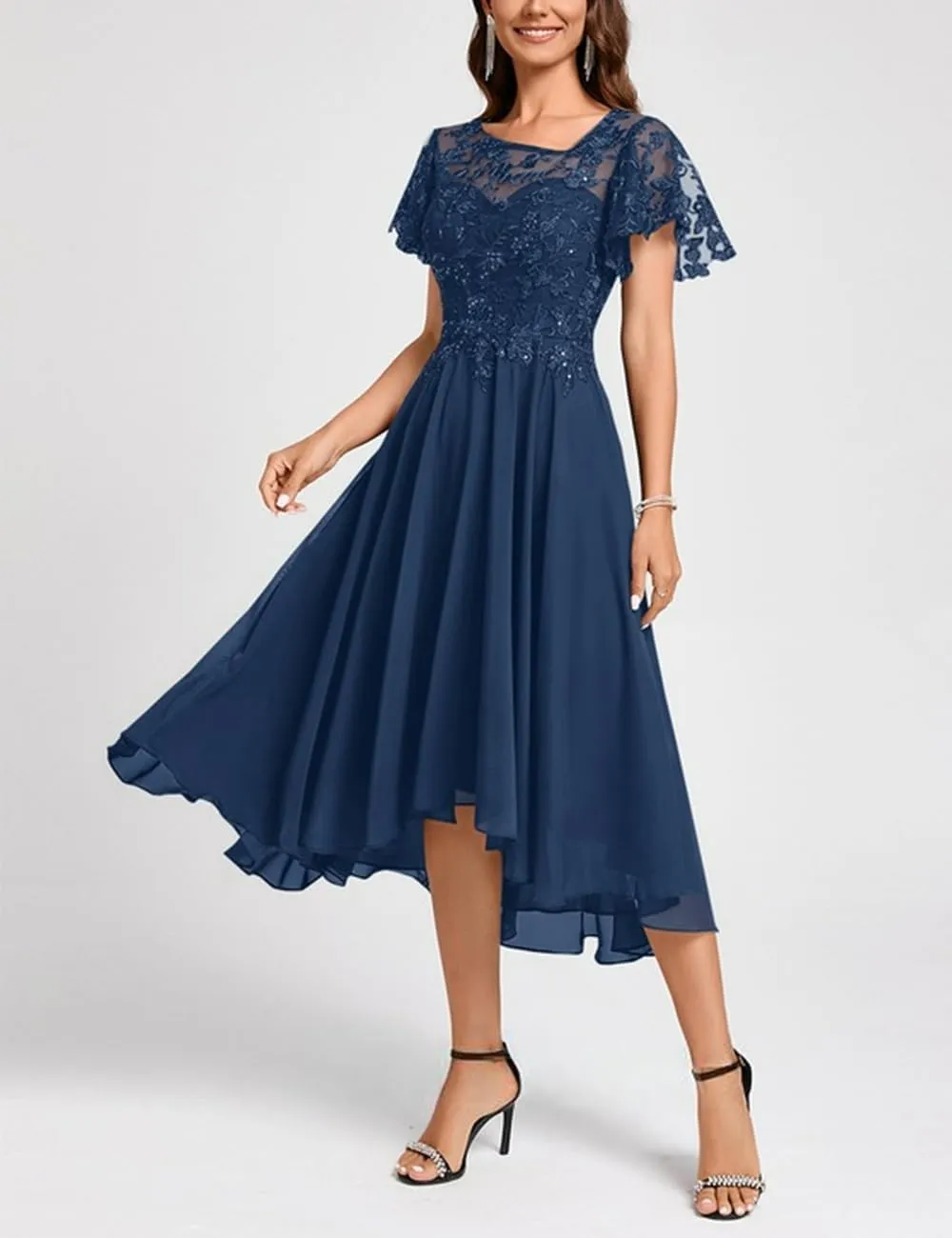 Lace Mother Bride Dresses Tea Length Chiffon Formal Dress Asymmetrical Cocktail Party Gowns with Ruffle Short Sleeve RO64