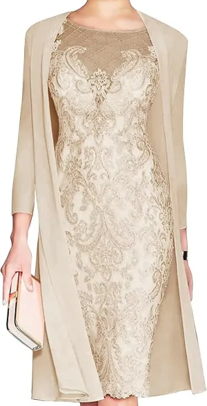 Lace Mother of The Bride Dress with Jacket for Wedding Knee Length Chiffon 3/4 Sleeve Formal Evening Party Gown for Women Champagne US20W