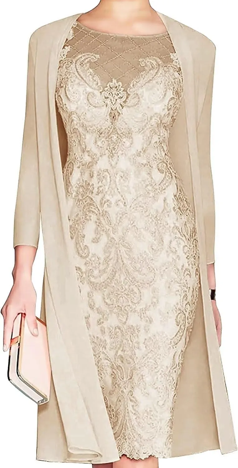 Lace Mother of The Bride Dress with Jacket for Wedding Knee Length Chiffon 3/4 Sleeve Formal Evening Party Gown for Women Champagne US20W