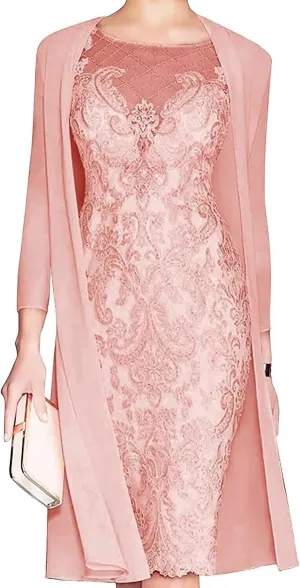 Lace Mother of The Bride Dress with Jacket for Wedding Knee Length Chiffon 3/4 Sleeve Formal Evening Party Gown for Women Coral US10