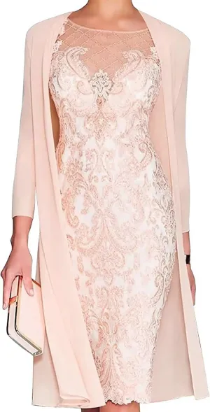 Lace Mother of The Bride Dress with Jacket for Wedding Knee Length Chiffon 3/4 Sleeve Formal Evening Party Gown for Women Light Blue US14