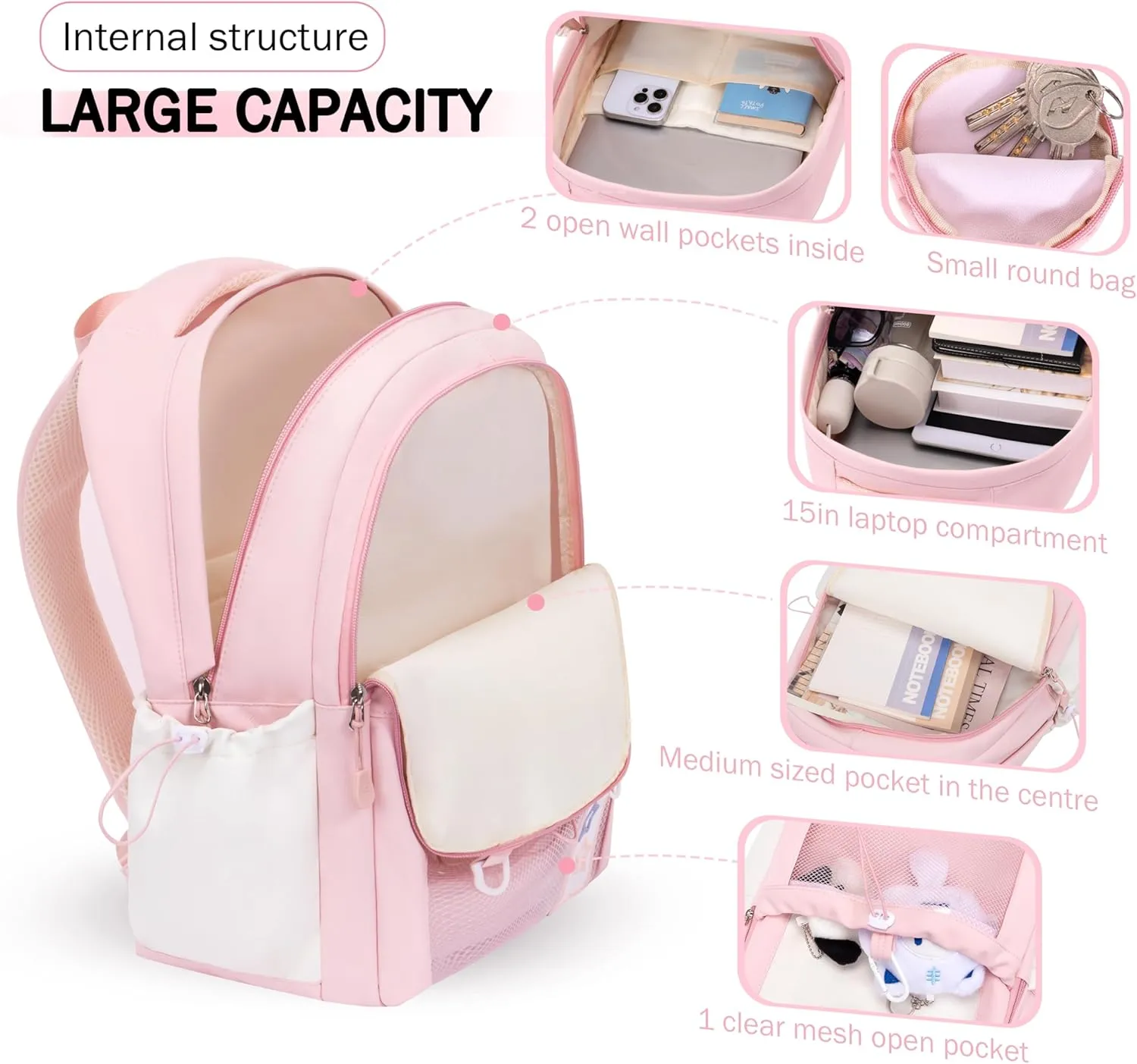 Large Ita Bag Backpack with insert Pin Display Backpack for Anime Cosplay Laptop Backpack 15in Dopamine Color Ita Bag with Window Pink