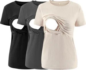 Liu & Qu Women's Maternity Nursing Tops Rib Short Sleeve Breastfeeding Shirts Maternity Clothes 3-Pack
