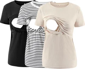 Liu & Qu Women's Maternity Nursing Tops Rib Short Sleeve Breastfeeding Shirts Maternity Clothes 3-Pack