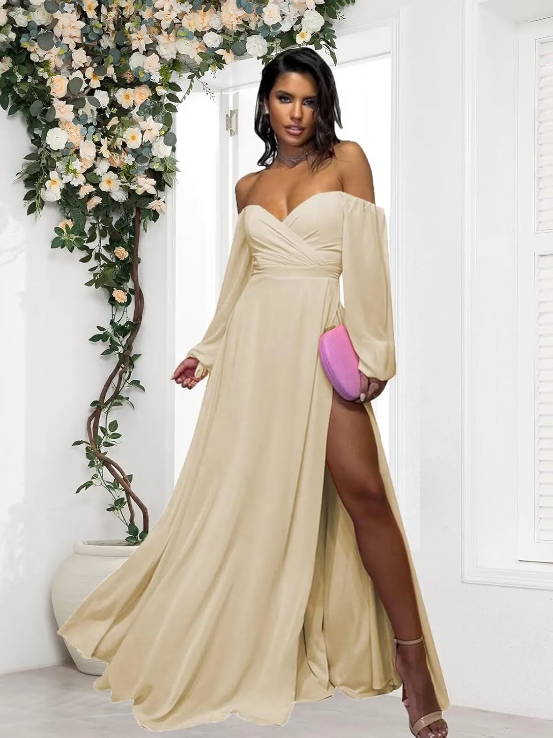 Long Sleeve Bridesmaid Dresses for Women A Line Off The Shoulder Chiffon Formal Evening Dress with Slit