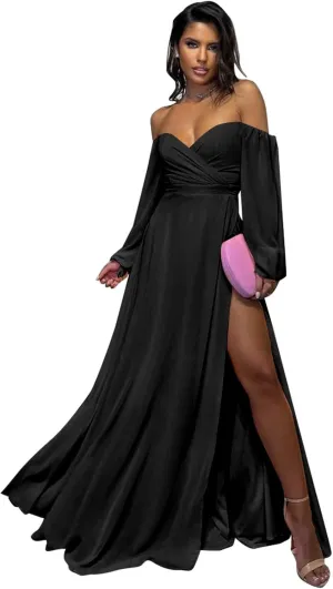 Long Sleeve Bridesmaid Dresses for Women A Line Off The Shoulder Chiffon Formal Evening Dress with Slit