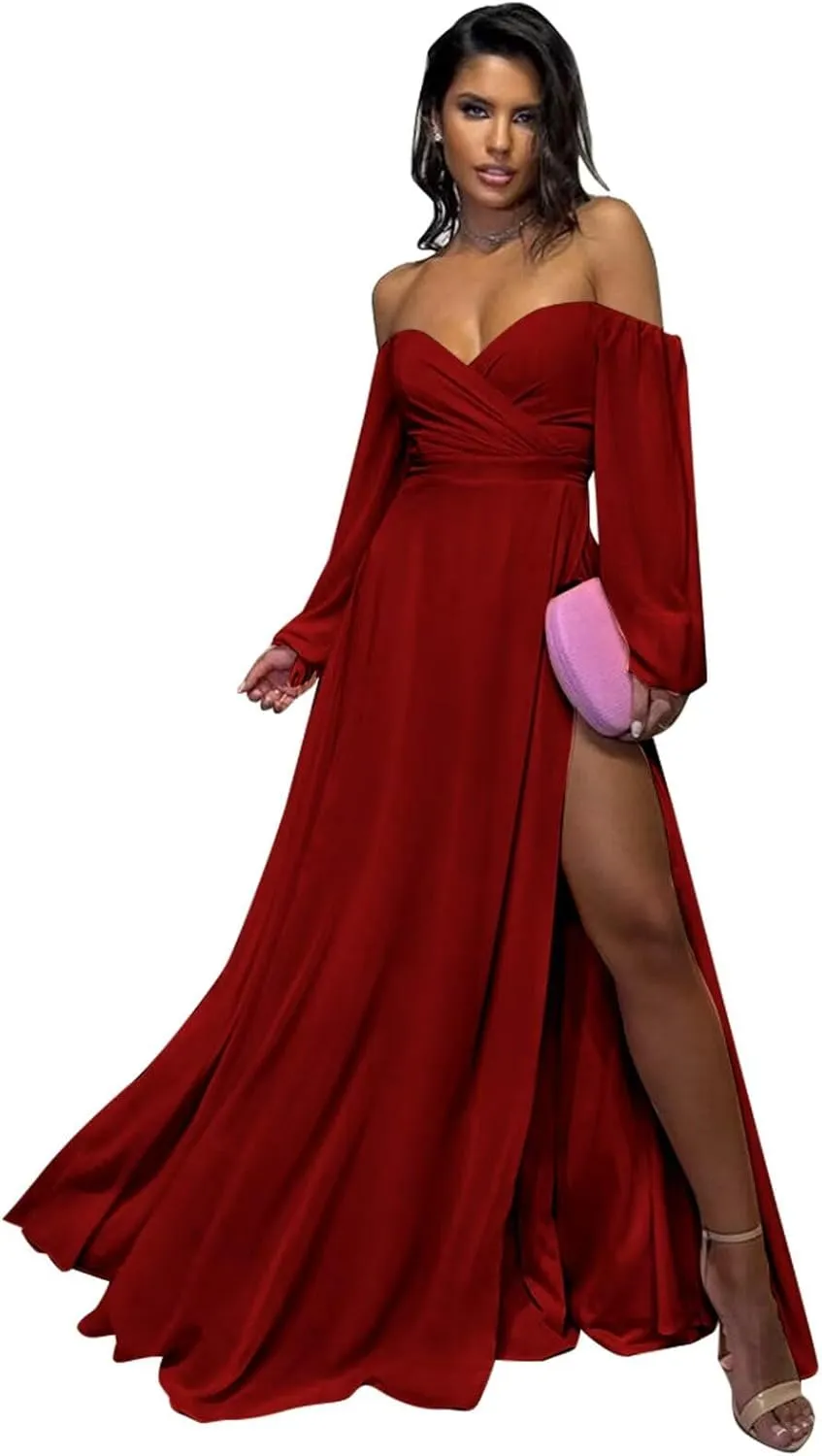 Long Sleeve Bridesmaid Dresses for Women A Line Off The Shoulder Chiffon Formal Evening Dress with Slit