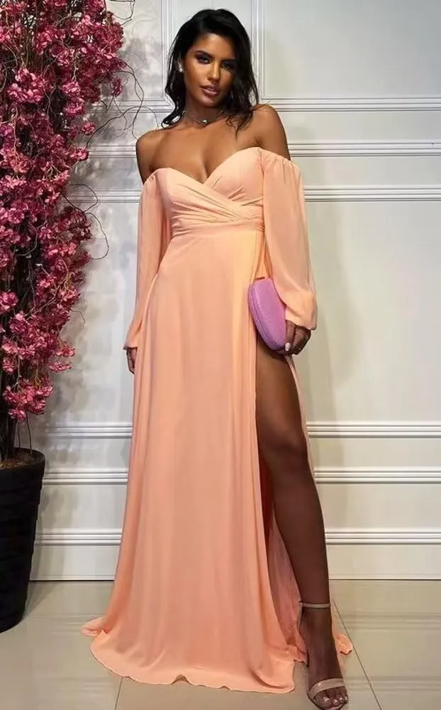Long Sleeve Bridesmaid Dresses for Women A Line Off The Shoulder Chiffon Formal Evening Dress with Slit